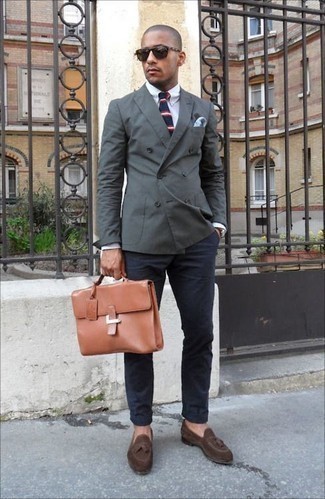 Dark Brown Leather Briefcase Dressy Outfits: For a casually cool look, pair a charcoal double breasted blazer with a dark brown leather briefcase — these two items work beautifully together. Kick up this whole ensemble with dark brown suede tassel loafers.