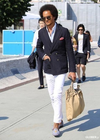 Tan Canvas Tote Bag Outfits For Men: This relaxed combination of a navy double breasted blazer and a tan canvas tote bag can only be described as seriously dapper. Introduce a pair of light blue canvas loafers to the equation to effortlessly up the style factor of this ensemble.