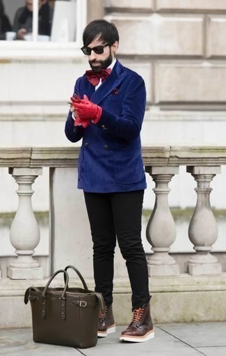 Red Leather Gloves Outfits For Men: Reach for a blue velvet double breasted blazer and red leather gloves for a day-to-day look that's full of charisma and character. Want to go all out when it comes to shoes? Add a pair of burgundy leather casual boots to the mix.