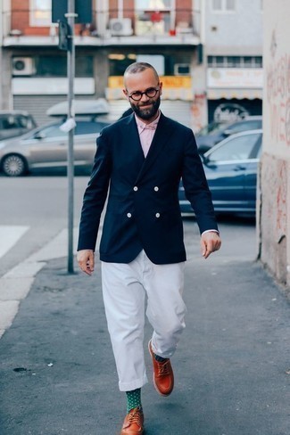 Men's Navy Double Breasted Blazer, Pink Vertical Striped Dress Shirt, White Chinos, Tobacco Leather Derby Shoes