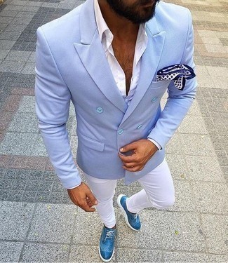 Light Blue Blazer Outfits For Men: A light blue blazer and white chinos worn together are a perfect match. For a more elegant spin, why not complement your outfit with blue leather brogues?