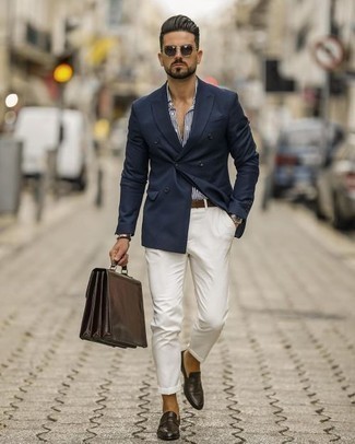 Men's Navy Double Breasted Blazer, White and Navy Vertical Striped Dress Shirt, White Chinos, Dark Brown Leather Loafers