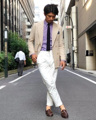 Violet Vertical Striped Dress Shirt Outfits For Men: This look suggests it pays to invest in such menswear essentials as a violet vertical striped dress shirt and white chinos. For something more on the smart side to complete this getup, complete your look with brown leather monks.