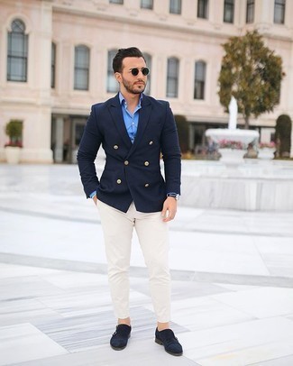 Dark Blue Unstructured Double Breasted Linen And Cotton Blend Suit Jacket