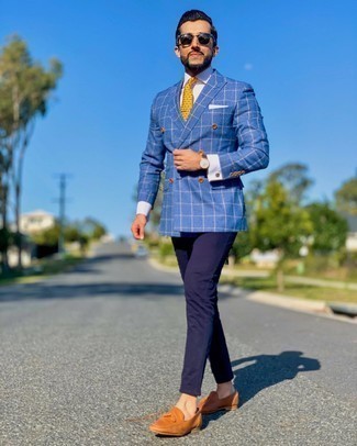 Mustard Tie Outfits For Men: For a look that's elegant and gasp-worthy, pair a blue check double breasted blazer with a mustard tie. Complete your ensemble with tobacco leather tassel loafers to immediately ramp up the cool of this ensemble.
