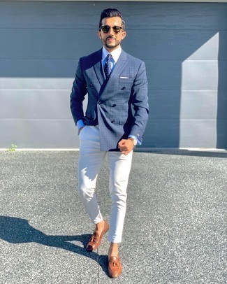 Tobacco Leather Tassel Loafers Outfits: Teaming a navy plaid double breasted blazer with white chinos is an on-point idea for a semi-casual menswear style. Feeling transgressive today? Switch things up by wearing tobacco leather tassel loafers.