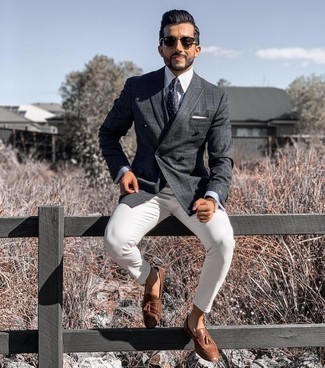 Grey Plaid Double Breasted Blazer Outfits For Men: For an effortlessly stylish look, consider wearing a grey plaid double breasted blazer and white chinos — these two pieces fit pretty good together. Feeling bold today? Switch things up by wearing a pair of brown leather tassel loafers.