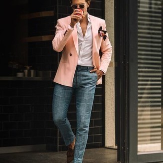 Pink Double Breasted Blazer Outfits For Men: Pairing a pink double breasted blazer and light blue check chinos is a guaranteed way to infuse your closet with some manly refinement. Go the extra mile and spice up your look with dark brown suede loafers.