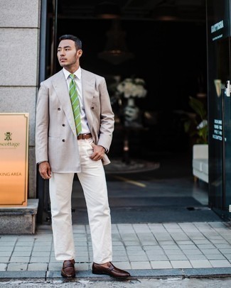 Green Tie Outfits For Men: For an outfit that's smart and GQ-worthy, rock a beige double breasted blazer with a green tie. Dark brown leather loafers offer comfort, but with a fashion effect.