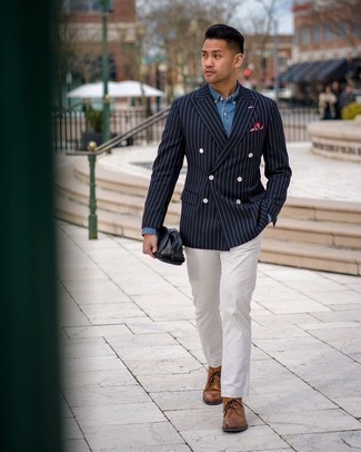 Men's Navy Vertical Striped Double Breasted Blazer, Blue Chambray Dress Shirt, White Chinos, Brown Leather Desert Boots
