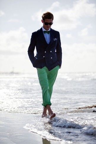 Men's Navy Double Breasted Blazer, Blue Dress Shirt, Green Chinos, Green Vertical Striped Bow-tie