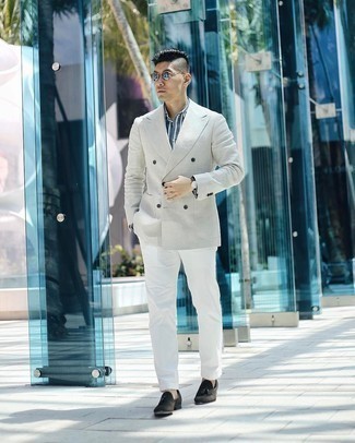 Men's Grey Double Breasted Blazer, White and Navy Vertical Striped Dress Shirt, White Chinos, Dark Brown Suede Tassel Loafers