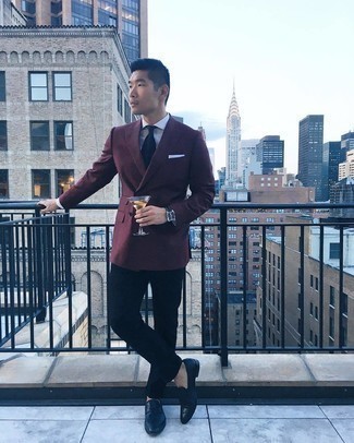 Burgundy Double Breasted Blazer Outfits For Men: This pairing of a burgundy double breasted blazer and black chinos is uber versatile and creates instant appeal. Complement your look with a pair of navy leather tassel loafers to immediately boost the classy factor of your look.
