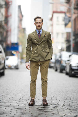 Men's Olive Double Breasted Blazer, Light Blue Dress Shirt, Khaki Chinos, Dark Brown Leather Derby Shoes