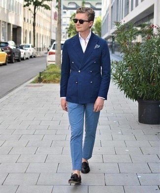 Light Blue Chinos Outfits: So as you can see, it doesn't require that much effort for a man to look casually neat. Just marry a navy vertical striped double breasted blazer with light blue chinos and you'll look awesome. If you wish to effortlessly kick up this outfit with shoes, why not complete your look with dark brown woven leather tassel loafers?