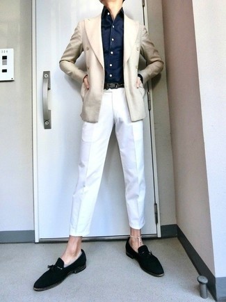Beige Double Breasted Blazer Outfits For Men: Make a jaw-dropping entrance anywhere you go by wearing a beige double breasted blazer and white chinos. On the shoe front, go for something on the smarter end of the spectrum by rocking a pair of black suede tassel loafers.