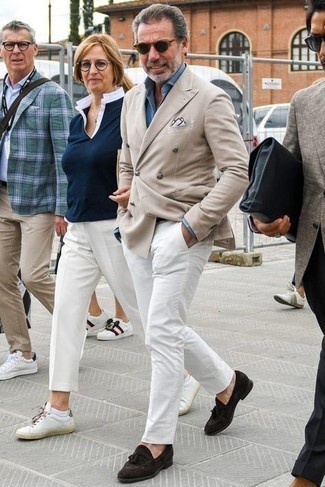 Beige Double Breasted Blazer Outfits For Men: Such pieces as a beige double breasted blazer and white chinos are an easy way to infuse some sophistication into your day-to-day lineup. Clueless about how to round off this ensemble? Wear dark brown suede tassel loafers to elevate it.