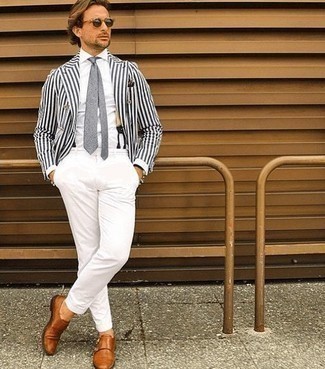 Black and White Vertical Striped Double Breasted Blazer Outfits For Men: This classic and casual combination of a black and white vertical striped double breasted blazer and white chinos can take on different nuances according to how you style it. Wondering how to finish your getup? Rock tobacco leather double monks to polish it off.