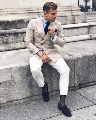 Beige Double Breasted Blazer Outfits For Men: For an effortlessly smart ensemble, consider pairing a beige double breasted blazer with white chinos — these items fit really great together. To bring a little depth to your outfit, add a pair of black suede loafers.