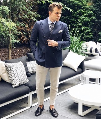 Beige Chinos Outfits: For a casually neat look, dress in a navy double breasted blazer and beige chinos — these two pieces play nicely together. Add black leather tassel loafers to the mix for an added touch of style.