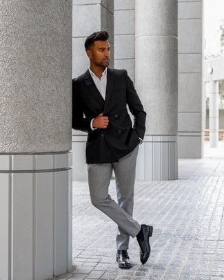 Men's Black Double Breasted Blazer, White Dress Shirt, Grey Chinos, Black Leather Loafers