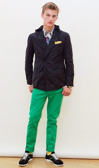 Men's Black Double Breasted Blazer, White Print Dress Shirt, Green Chinos, Black and White Suede Low Top Sneakers