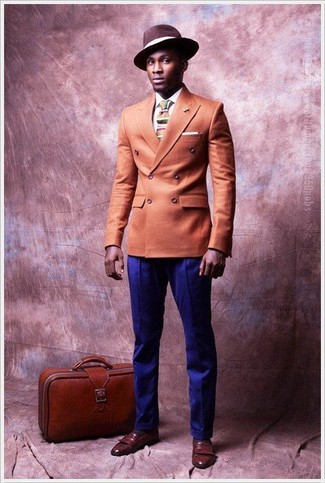 Men's Orange Double Breasted Blazer, White Dress Shirt, Violet Dress Pants, Brown Leather Loafers