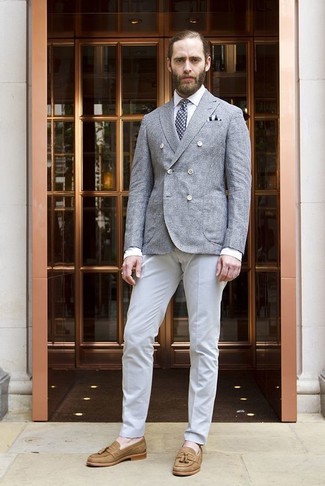 Men's Grey Double Breasted Blazer, White Dress Shirt, Grey Dress Pants, Tan Leather Tassel Loafers