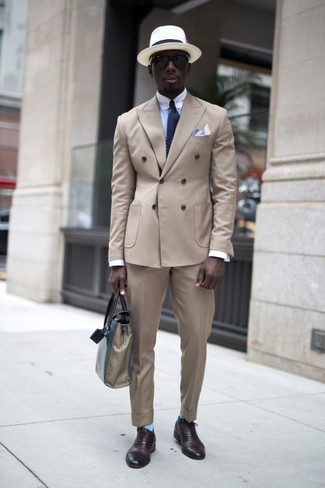 White Straw Hat Outfits For Men: Wear a beige double breasted blazer with a white straw hat for a casual level of dress. And if you want to effortlessly elevate your outfit with shoes, add dark brown leather oxford shoes to your look.