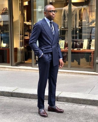 Men's Navy Double Breasted Blazer, Light Blue Dress Shirt, Navy Dress Pants, Dark Brown Leather Loafers