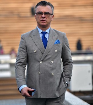 Men's Grey Double Breasted Blazer, Light Blue Dress Shirt, Grey Dress Pants, Blue Knit Tie