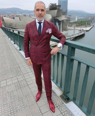 Red Double Breasted Blazer Outfits For Men: This combo of a red double breasted blazer and red plaid dress pants is the picture of rugged sophistication. Look at how nice this ensemble pairs with a pair of red leather oxford shoes.