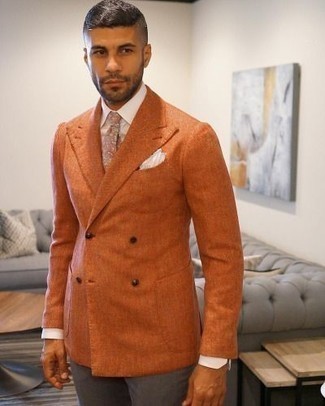 Pink Floral Tie Outfits For Men: Putting together an orange double breasted blazer and a pink floral tie will cement your expert styling.