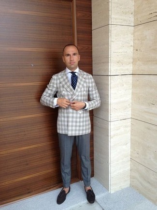 Grey Plaid Double Breasted Blazer Outfits For Men: This pairing of a grey plaid double breasted blazer and charcoal dress pants is a life saver when you need to look seriously stylish and elegant. A pair of black suede tassel loafers immediately steps up the fashion factor of your ensemble.