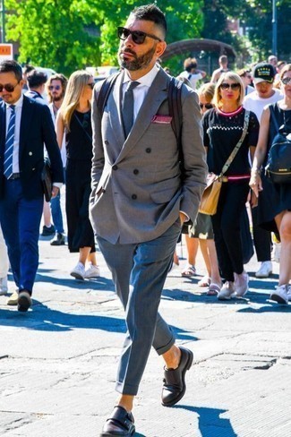 Purple Pocket Square Outfits: This combination of a grey double breasted blazer and a purple pocket square is uber stylish and provides a cool and casual look. Dark brown leather double monks will give a touch of polish to an otherwise utilitarian outfit.