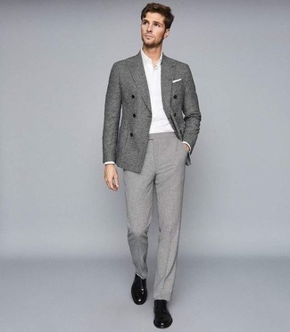Grey Check Blazer Outfits For Men: Dress in a grey check blazer and grey dress pants - this look is guaranteed to turn every head around. Black leather derby shoes will pull your whole look together.