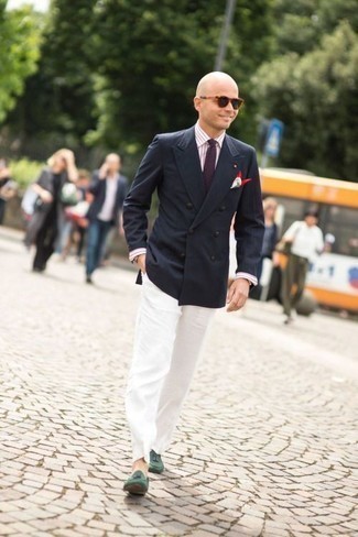 White and Red Pocket Square Outfits: Putting together a navy double breasted blazer and a white and red pocket square will be a good reflection of your prowess in menswear styling even on off-duty days. Why not introduce a pair of dark green suede tassel loafers to your outfit for a sense of elegance?
