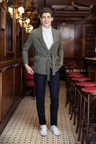 Men's Dark Green Plaid Double Breasted Blazer, White Dress Shirt, Navy Dress Pants, White Canvas Low Top Sneakers