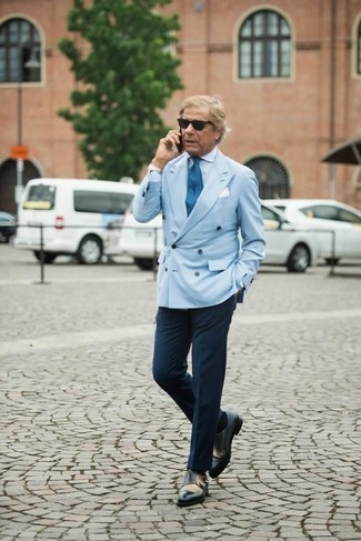 Aquamarine Blazer Outfits For Men: Dapper up for the day in an aquamarine blazer and navy dress pants. The whole look comes together wonderfully when you complement this getup with a pair of black leather double monks.