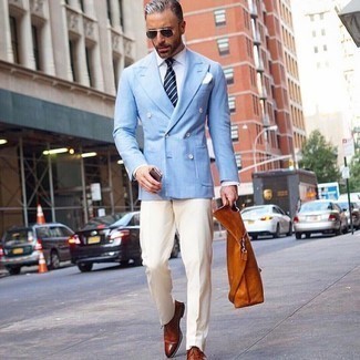 Tobacco Leather Oxford Shoes Outfits: Pairing a light blue double breasted blazer with white dress pants is a great option for a stylish and polished look. Complete this look with a pair of tobacco leather oxford shoes to infuse an air of stylish casualness into your look.