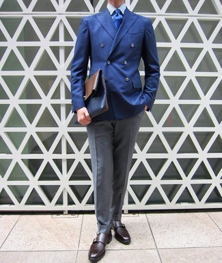 Tobacco Leather Double Monks Outfits: This outfit clearly illustrates it is totally worth investing in such timeless menswear pieces as a blue double breasted blazer and grey dress pants. For a more laid-back spin, complement this ensemble with a pair of tobacco leather double monks.