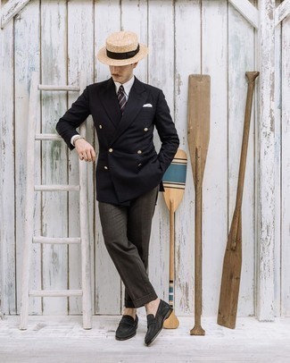 Tan Straw Hat Outfits For Men: Consider pairing a black double breasted blazer with a tan straw hat to create an incredibly stylish and modern-looking casual ensemble. Add a pair of black suede loafers to your look to avoid looking too casual.