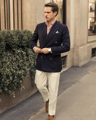 Beige Suede Loafers Outfits For Men: Putting together a navy double breasted blazer and white dress pants is a guaranteed way to infuse a classy touch into your styling collection. If you want to effortlessly tone down this ensemble with one single piece, why not introduce beige suede loafers to the equation?