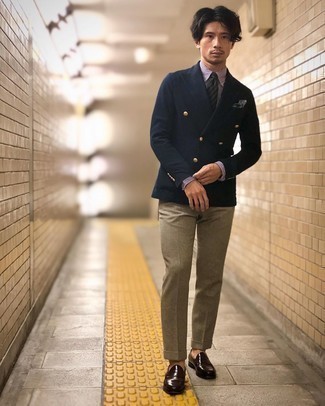 Men's Navy Double Breasted Blazer, Violet Vertical Striped Dress Shirt, Khaki Wool Dress Pants, Dark Brown Leather Loafers
