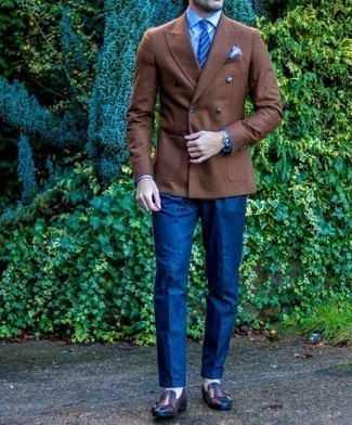 Brown Double Breasted Blazer Outfits For Men: For a look that's classy and Bond-worthy, wear a brown double breasted blazer and navy dress pants. Go the extra mile and change up your ensemble by rocking a pair of burgundy leather double monks.