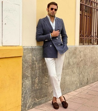 Blue Vertical Striped Blazer Outfits For Men: Channel your inner visionary in the menswear department and wear a blue vertical striped blazer and white dress pants. A pair of brown suede loafers is a never-failing footwear option that's full of personality.