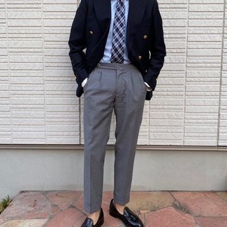 Navy and White Plaid Tie Outfits For Men: Combining a navy double breasted blazer and a navy and white plaid tie is a guaranteed way to infuse your styling lineup with some masculine elegance. For a more laid-back twist, complement your outfit with black leather tassel loafers.