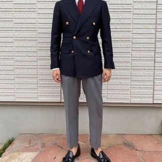 Modern Slim Navy Cotton Double Breasted Suit Jacket