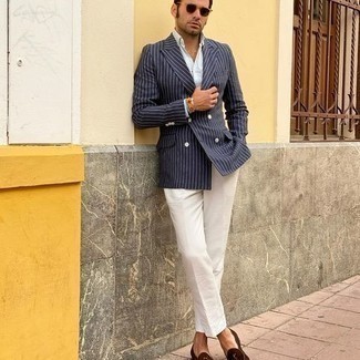 Blue Vertical Striped Blazer Outfits For Men: A blue vertical striped blazer and white dress pants are a sophisticated combo that every dapper gent should have in his collection. A pair of brown suede loafers is a good option to finish your ensemble.