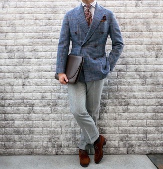 Navy and White Plaid Blazer Outfits For Men: Channel your inner connoisseur of modern men's fashion and opt for a navy and white plaid blazer and grey dress pants. A pair of brown suede derby shoes looks awesome here.